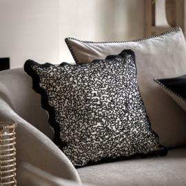 Scalloped Edge Cushion in Black Luxury Embroidered 